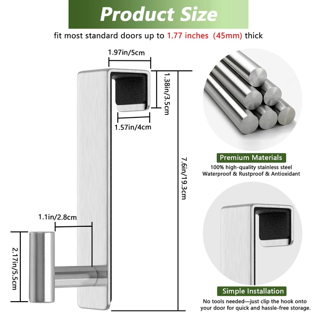 Alt view image 2 of 7 - Stainless Steel Over The Door Hooks Heavy Duty, Bathroom Towel Holder Door Mount Coat Rack Towel Rack for Bedroom, Doors Hangers Towel Hooks for Bathroom Dorm Essentials (Silver, 2 Pack)