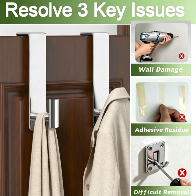 Alt view image 4 of 7 - Stainless Steel Over The Door Hooks Heavy Duty, Bathroom Towel Holder Door Mount Coat Rack Towel Rack for Bedroom, Doors Hangers Towel Hooks for Bathroom Dorm Essentials (Silver, 2 Pack)