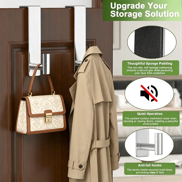 Alt view image 6 of 7 - Stainless Steel Over The Door Hooks Heavy Duty, Bathroom Towel Holder Door Mount Coat Rack Towel Rack for Bedroom, Doors Hangers Towel Hooks for Bathroom Dorm Essentials (Silver, 2 Pack)