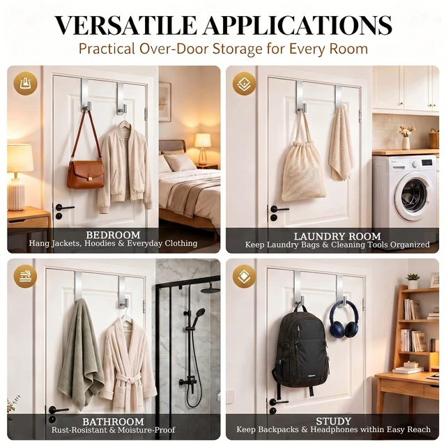 Alt view image 7 of 7 - Stainless Steel Over The Door Hooks Heavy Duty, Bathroom Towel Holder Door Mount Coat Rack Towel Rack for Bedroom, Doors Hangers Towel Hooks for Bathroom Dorm Essentials (Silver, 2 Pack)