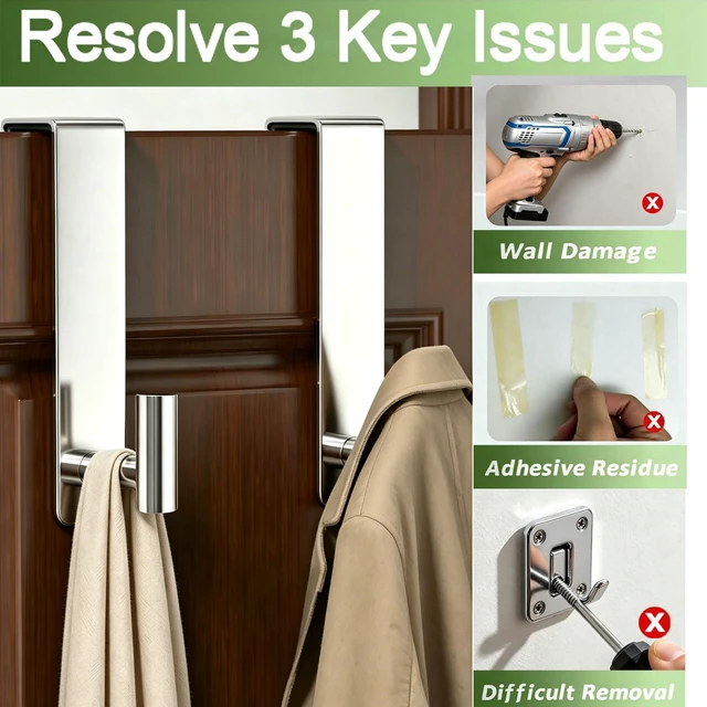 Alt view image 4 of 7 - Stainless Steel Over The Door Hooks Heavy Duty, Bathroom Towel Holder Door Mount Coat Rack Towel Rack for Bedroom, Doors Hangers Towel Hooks for Bathroom Dorm Essentials (Chrome, 2 Pack)