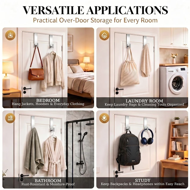 Alt view image 7 of 7 - Stainless Steel Over The Door Hooks Heavy Duty, Bathroom Towel Holder Door Mount Coat Rack Towel Rack for Bedroom, Doors Hangers Towel Hooks for Bathroom Dorm Essentials (Chrome, 2 Pack)