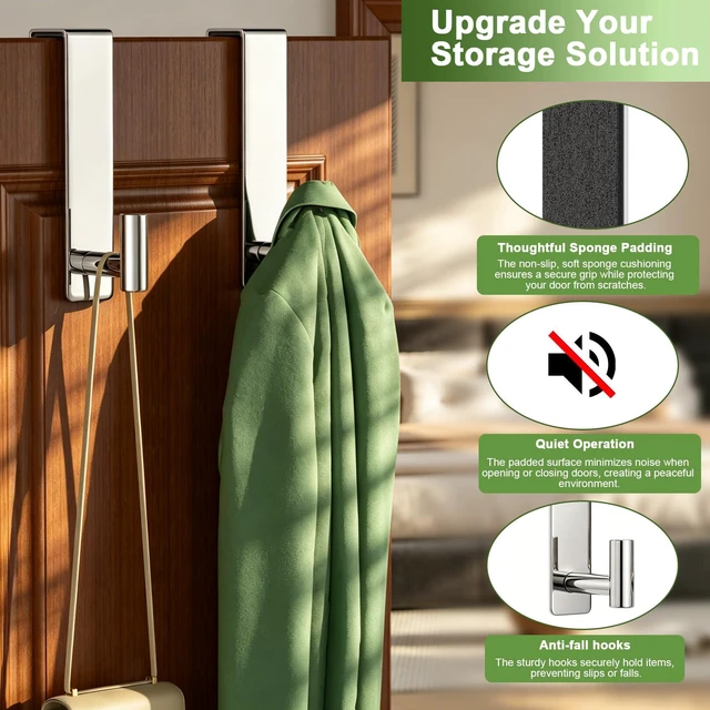 Alt view image 6 of 7 - Stainless Steel Over The Door Hooks Heavy Duty, Bathroom Towel Holder Door Mount Coat Rack Towel Rack for Bedroom, Doors Hangers Towel Hooks for Bathroom Dorm Essentials (Chrome, 2 Pack)