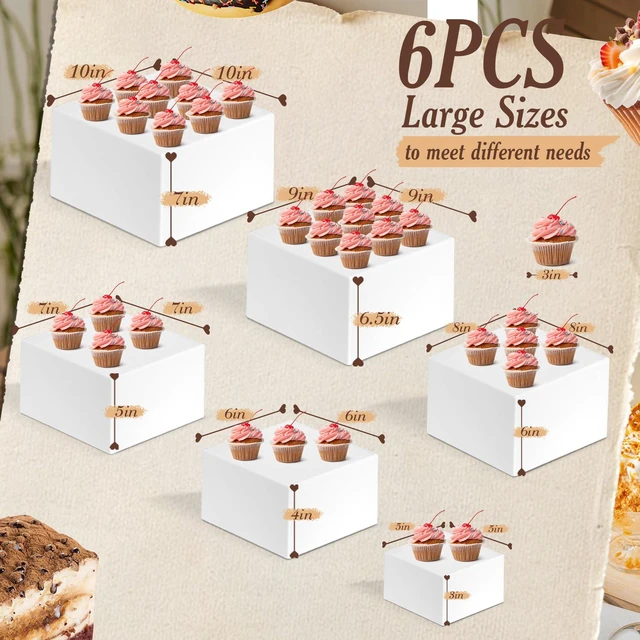 Alt view image 2 of 7 - 6 PCS Buffet Risers, Large Food Risers for Buffet Table, Dessert Display Food Display Risers for Party, Acrylic Boxes Dessert Table Display Set, Risers Display Stands (10" 9" 8" 7" 6" 5", White)