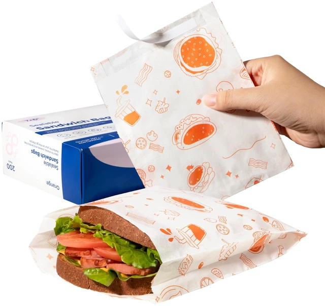Main image of 200 Pack Paper Sandwich Bags Sealable 7 x 6, Orange Greaseproof Snack Bags, Food Grade Pastry Bag, Recyclable Small Paper Bags, Cookie Sleeves, Food Packaging for Bakery, Donut