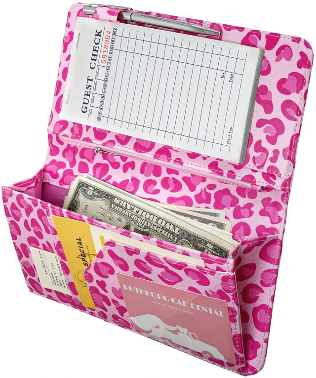 Main image of Server Book for Waitress, Zipper Pocket, Magnetic Closure, Pink Leopard Cute Waitress Book Wallet with Money Pocket, Cheetah 5"x9", Restaurant Accessories, Waitstaff Organizer for Server Apron