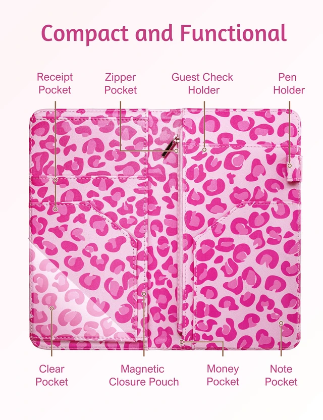 Alt view image 3 of 7 - Server Book for Waitress, Zipper Pocket, Magnetic Closure, Pink Leopard Cute Waitress Book Wallet with Money Pocket, Cheetah 5"x9", Restaurant Accessories, Waitstaff Organizer for Server Apron