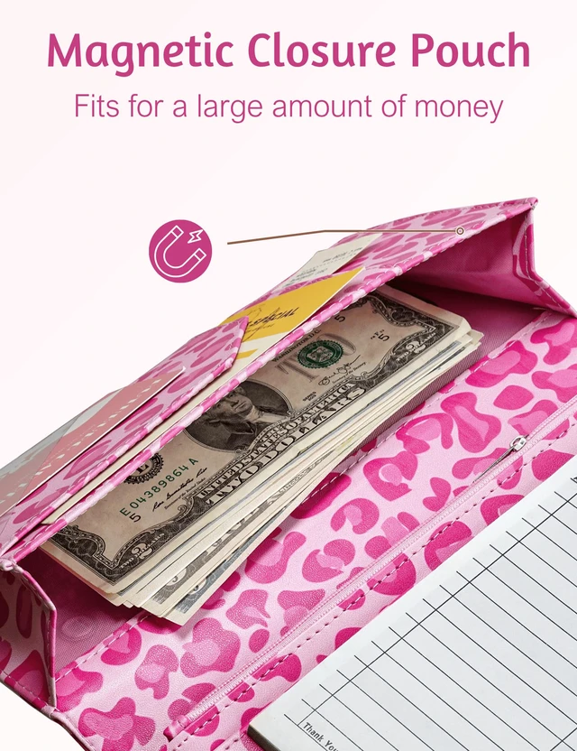 Alt view image 4 of 7 - Server Book for Waitress, Zipper Pocket, Magnetic Closure, Pink Leopard Cute Waitress Book Wallet with Money Pocket, Cheetah 5"x9", Restaurant Accessories, Waitstaff Organizer for Server Apron