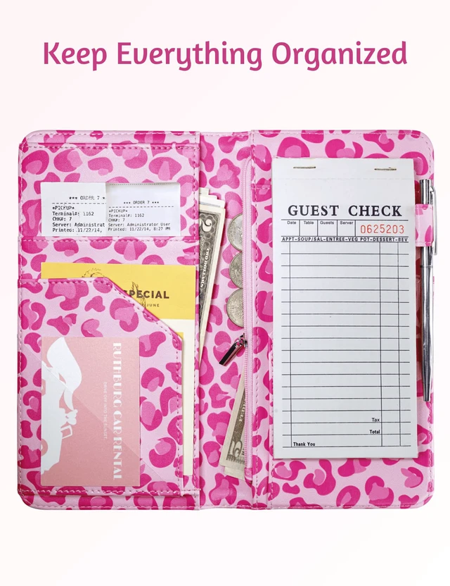 Alt view image 6 of 7 - Server Book for Waitress, Zipper Pocket, Magnetic Closure, Pink Leopard Cute Waitress Book Wallet with Money Pocket, Cheetah 5"x9", Restaurant Accessories, Waitstaff Organizer for Server Apron