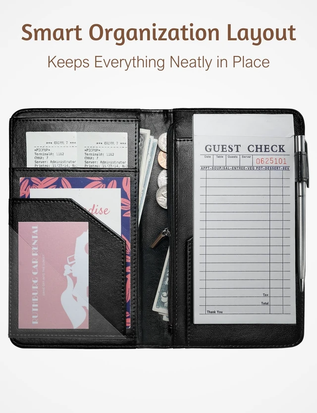 Alt view image 6 of 7 - Server Book for Waitress with Zipper Pocket, Magnetic Pocket, Cow Print Cute Waitress Book 5"x8", Server Wallet with Money Pouch, Restaurant Accessories, Waitstaff Organizer for Server Apron