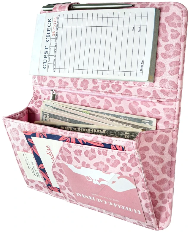 Main image of Server Book for Waitress, Magnetic, Zipper Pocket, Light Pink Leopard Cute Waitress Book 5"x8", Server Wallet with Money Pouch, Restaurant Accessories, Waitstaff Organizer for Server Apron