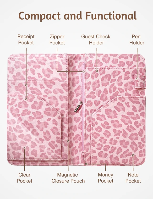 Alt view image 3 of 7 - Server Book for Waitress, Magnetic, Zipper Pocket, Light Pink Leopard Cute Waitress Book 5"x8", Server Wallet with Money Pouch, Restaurant Accessories, Waitstaff Organizer for Server Apron