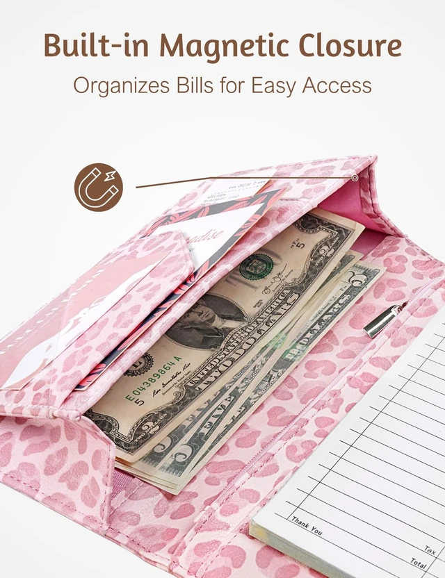 Alt view image 4 of 7 - Server Book for Waitress, Magnetic, Zipper Pocket, Light Pink Leopard Cute Waitress Book 5"x8", Server Wallet with Money Pouch, Restaurant Accessories, Waitstaff Organizer for Server Apron