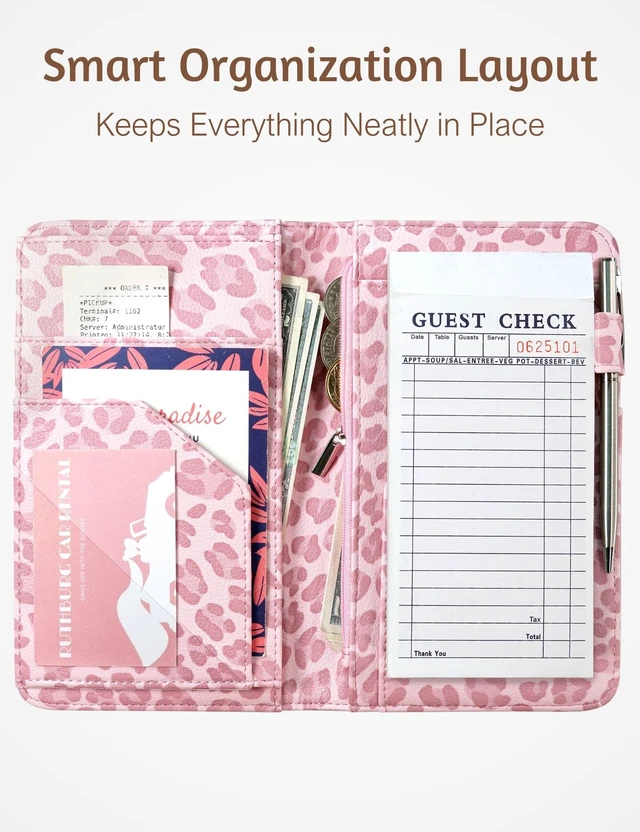 Alt view image 6 of 7 - Server Book for Waitress, Magnetic, Zipper Pocket, Light Pink Leopard Cute Waitress Book 5"x8", Server Wallet with Money Pouch, Restaurant Accessories, Waitstaff Organizer for Server Apron
