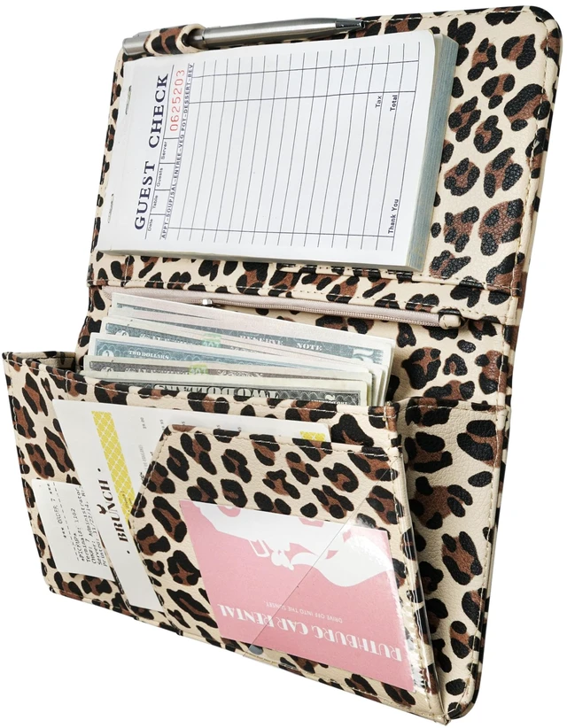 Main image of Server Book for Waitress with Zipper Pocket, Magnetic Pocket, Leopard Cute Waitress Book Wallet with Money Pocket, Cheetah 5"x9", Restaurant Accessories, Waitstaff Organizer for Server Apron