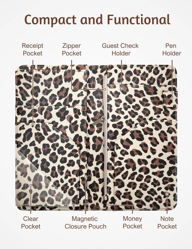 Alt view image 3 of 7 - Server Book for Waitress with Zipper Pocket, Magnetic Pocket, Leopard Cute Waitress Book Wallet with Money Pocket, Cheetah 5"x9", Restaurant Accessories, Waitstaff Organizer for Server Apron