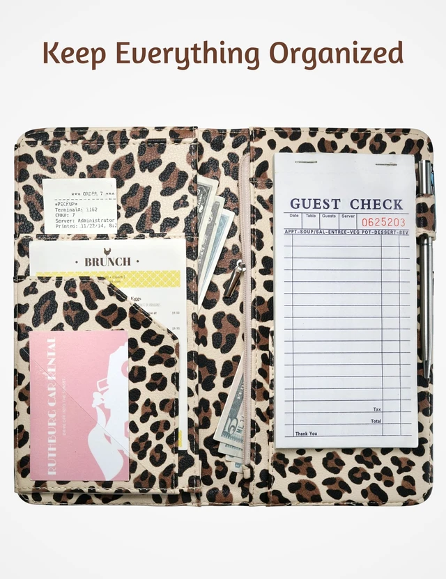 Alt view image 4 of 7 - Server Book for Waitress with Zipper Pocket, Magnetic Pocket, Leopard Cute Waitress Book Wallet with Money Pocket, Cheetah 5"x9", Restaurant Accessories, Waitstaff Organizer for Server Apron