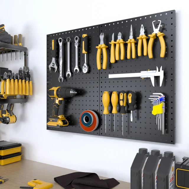 Alt view image 2 of 7 - Peg Board, 4 Pack Metal Pegboard Panels Black Boards Wall Organizer Tools Pegboard Storage System for Workbench, Garage Tool Storage, Office Organization, Wall Home, Craft Room