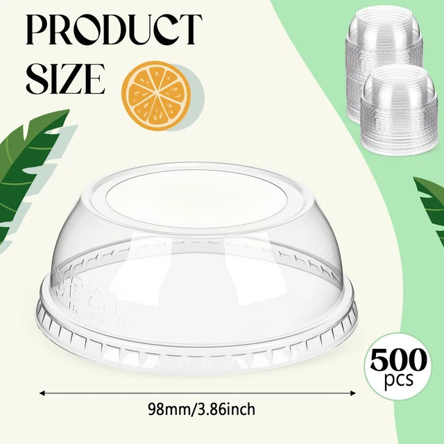 Alt view image 2 of 7 - 500 Pcs Clear Plastic Cup Dome Lids, Wide Hole, 98 mm Clear Disposable Dome Design, Fits 16oz-21oz Plastic Cups, Leak-resistant for Hot Cold Beverages, Coffee Juice Party Cafe
