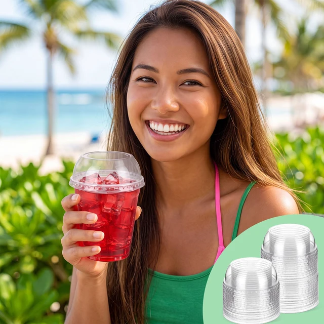 Alt view image 4 of 7 - 500 Pcs Clear Plastic Cup Dome Lids, Wide Hole, 98 mm Clear Disposable Dome Design, Fits 16oz-21oz Plastic Cups, Leak-resistant for Hot Cold Beverages, Coffee Juice Party Cafe