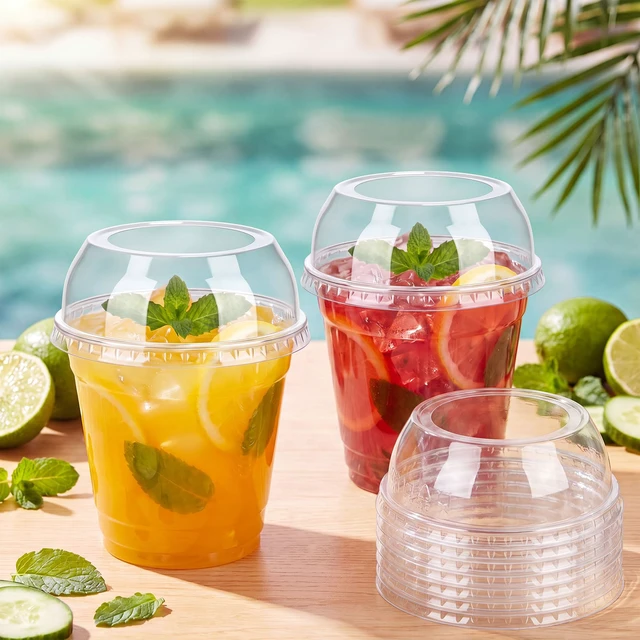 Alt view image 6 of 7 - 500 Pcs Clear Plastic Cup Dome Lids, Wide Hole, 98 mm Clear Disposable Dome Design, Fits 16oz-21oz Plastic Cups, Leak-resistant for Hot Cold Beverages, Coffee Juice Party Cafe