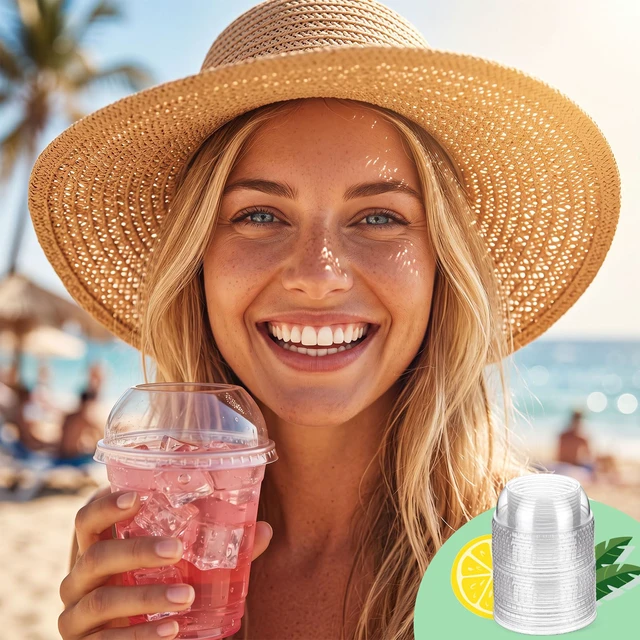 Alt view image 7 of 7 - 500 Pcs Clear Plastic Cup Dome Lids, Wide Hole, 98 mm Clear Disposable Dome Design, Fits 16oz-21oz Plastic Cups, Leak-resistant for Hot Cold Beverages, Coffee Juice Party Cafe