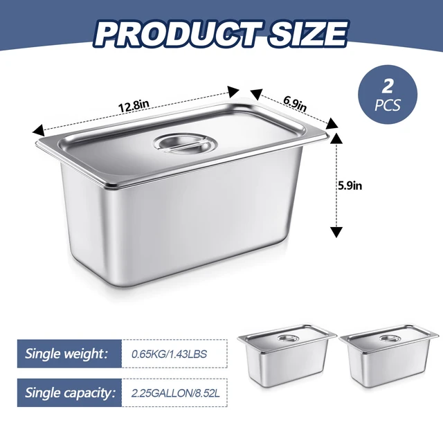Alt view image 2 of 6 - 2 Pack Stainless 1/3 Size x 6 Inch Deep Steam Table Pans with Lids Designed for Serving and Food Prep at Buffets, Restaurants, Hotels, Parties, and Home Kitchens; Reusable and Stackable