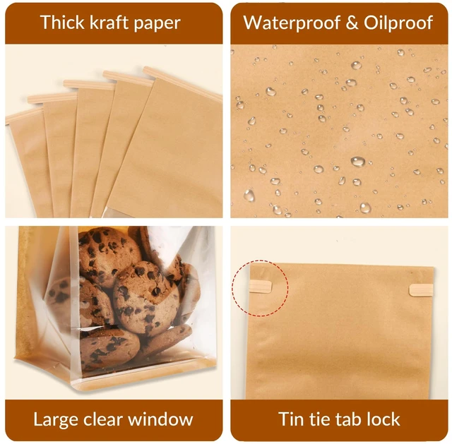 Alt view image 3 of 7 - 105 Pcs Bakery Bags with Window,Paper Cookie Packaging Bags 5.1x6.2x10.5 Inches Ties Lock for Breads, Popcorn, Candies,Treats, Snacks, Baked Goods Packaging