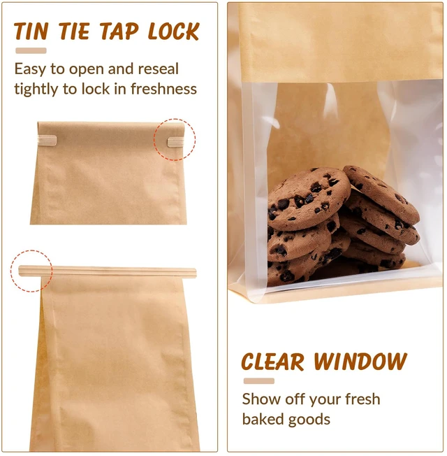 Alt view image 4 of 7 - 105 Pcs Bakery Bags with Window,Paper Cookie Packaging Bags 5.1x6.2x10.5 Inches Ties Lock for Breads, Popcorn, Candies,Treats, Snacks, Baked Goods Packaging