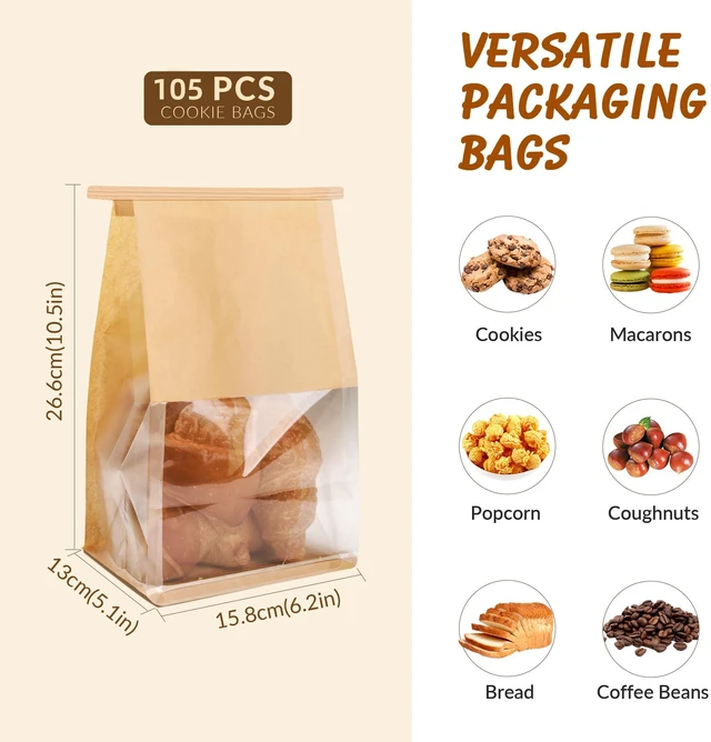 Alt view image 2 of 7 - 105 Pcs Bakery Bags with Window,Paper Cookie Packaging Bags 5.1x6.2x10.5 Inches Ties Lock for Breads, Popcorn, Candies,Treats, Snacks, Baked Goods Packaging