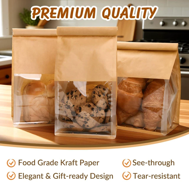 Alt view image 6 of 7 - 105 Pcs Bakery Bags with Window,Paper Cookie Packaging Bags 5.1x6.2x10.5 Inches Ties Lock for Breads, Popcorn, Candies,Treats, Snacks, Baked Goods Packaging