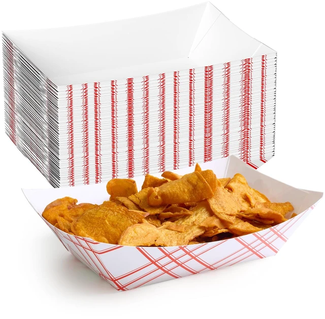 Main image of 100 Pack 3lb Paper Food Tray Red, Disposable Paper Boat for Nacho Food Holder Trays, Serving Boats for Taco Hot Dog Snack Fries Dessert Popcorn Sauce