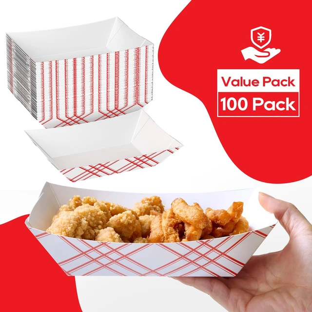 Alt view image 2 of 7 - 100 Pack 3lb Paper Food Tray Red, Disposable Paper Boat for Nacho Food Holder Trays, Serving Boats for Taco Hot Dog Snack Fries Dessert Popcorn Sauce