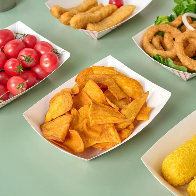 Alt view image 4 of 7 - 100 Pack 3lb Paper Food Tray Red, Disposable Paper Boat for Nacho Food Holder Trays, Serving Boats for Taco Hot Dog Snack Fries Dessert Popcorn Sauce
