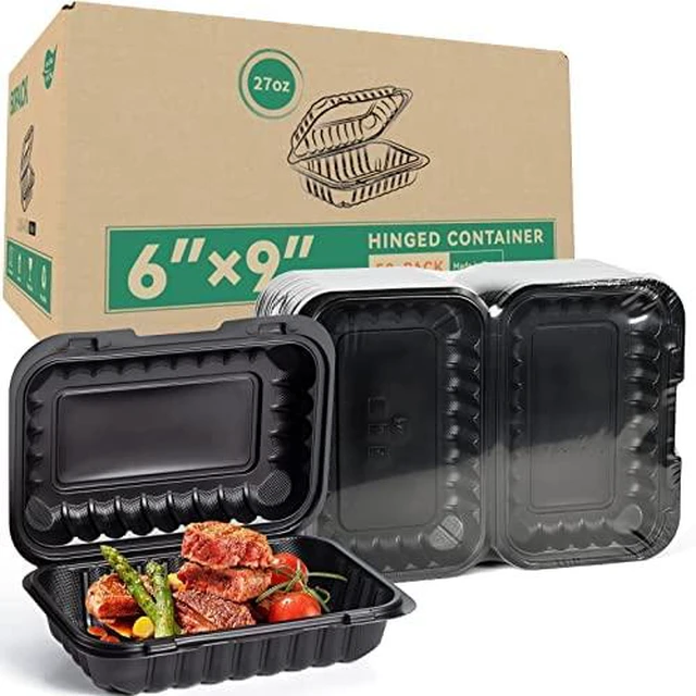 Main image of 50-Pack 27oz 9x6 Black To Go Container - Shrink Wrapped No Pre-Wash Sturdy BPA Free | Reusable & Secure Seal | Microwave, Freezer Safe Boxes For Restaurant, Catering, BBQ & Leftovers