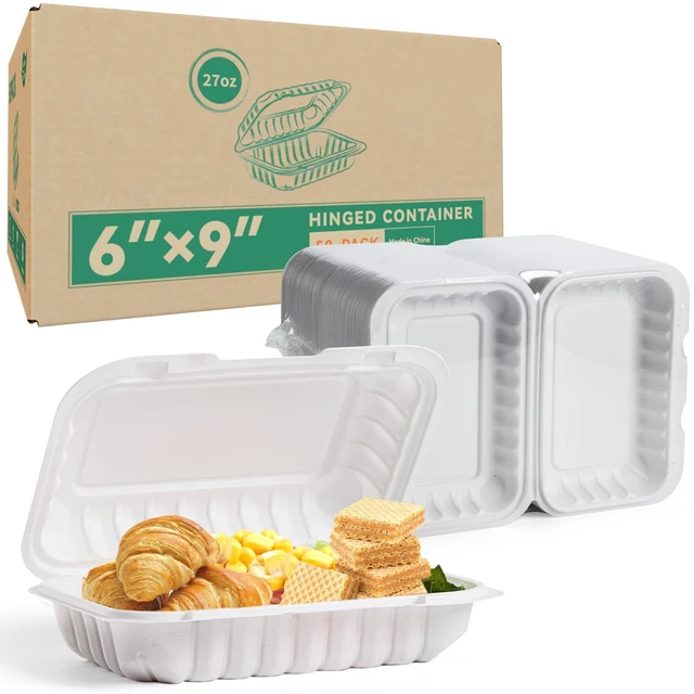 Main image of 50 Pack 27oz 9x6 Takeout Containers - Shrink Wrapped No Pre-Wash BPA Free MFPP Sturdy | Reusable & Secure Seal | Microwave Safe To Go Boxes for Leftovers, Catering & Meal Delivery | White