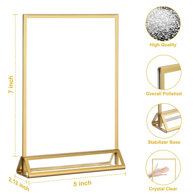 Alt view image 4 of 6 - 14 Pack 5×7 Clear Acrylic Sign Holder with Gold Borders and Vertical Stand, Double Sided Table Menu Holders Picture Frames for Wedding Table Numbers, Restaurant Signs, Photos and Art Display