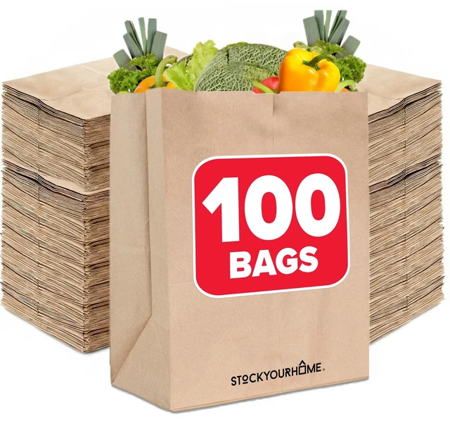 Main image of 70 lb Kraft Brown Bags 100 Pack, 17x12x7 Grocery Bags, Heavy Duty Large Brown Bags for Shopping, Takeout, Storage, Trash or Recycling, Bulk Pack