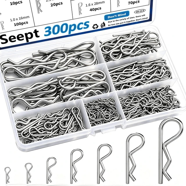Main image of 300Pcs 304 Stainless Steel R Cotter Pins 7 Sizes Assortment Kit, Heavy-Duty Hitch Lock Pins for Trucks, Trailers, Engines & Farm Equipment