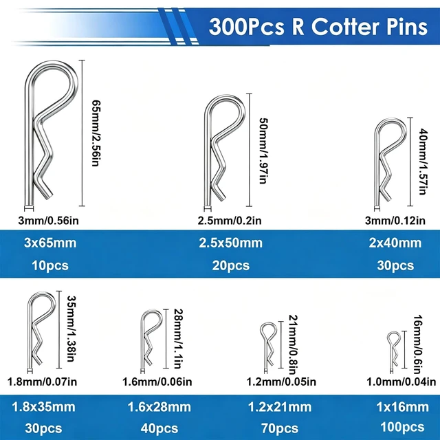 Alt view image 2 of 6 - 300Pcs 304 Stainless Steel R Cotter Pins 7 Sizes Assortment Kit, Heavy-Duty Hitch Lock Pins for Trucks, Trailers, Engines & Farm Equipment