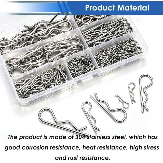 Alt view image 3 of 6 - 300Pcs 304 Stainless Steel R Cotter Pins 7 Sizes Assortment Kit, Heavy-Duty Hitch Lock Pins for Trucks, Trailers, Engines & Farm Equipment