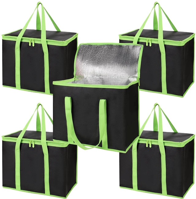 Main image of 5-Pack Cooler Insulated Food Delivery Bag, Thermal Hot Pizza, X-Large Bags for Grocery/Catering/Shopping, Rideshare Delivery Bag, Large Cold Frozen Accessories, Black-Green Edge