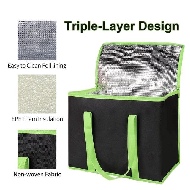 Alt view image 5 of 6 - 5-Pack Cooler Insulated Food Delivery Bag, Thermal Hot Pizza, X-Large Bags for Grocery/Catering/Shopping, Rideshare Delivery Bag, Large Cold Frozen Accessories, Black-Green Edge