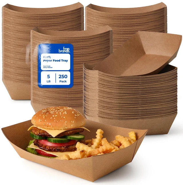 Main image of [250 Pack 5 lb Paper Food Boats Heavy Duty Disposable Food Trays, Kraft Brown Nacho Tray for Parties Fairs Picnics Carnivals Holds Tacos Nachos Fries Hot Dogs Grease Resistant