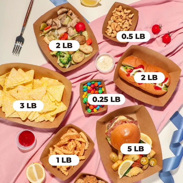 Alt view image 3 of 7 - [250 Pack 5 lb Paper Food Boats Heavy Duty Disposable Food Trays, Kraft Brown Nacho Tray for Parties Fairs Picnics Carnivals Holds Tacos Nachos Fries Hot Dogs Grease Resistant