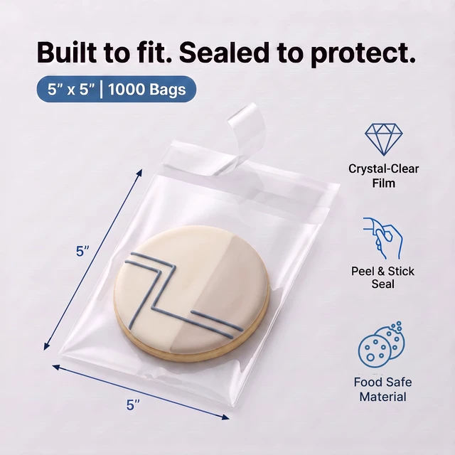 Alt view image 2 of 7 - 5" X 5" Self-Sealing Cellophane Bags (1000 Count) Clear Cookie Bags With Seal for Decorated Cookies, Treats, Candy - Resealable Adhesive Flap