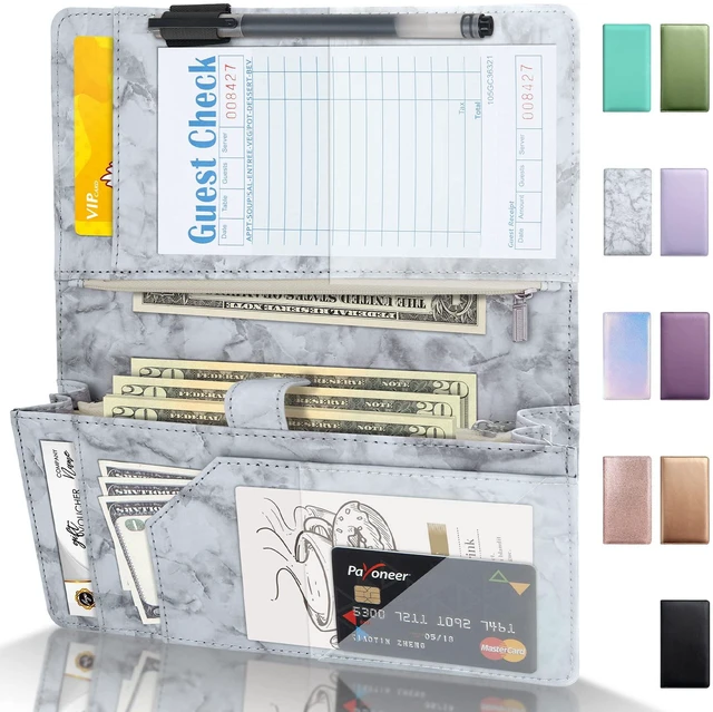 Main image of Server Book High Volume, Expandable Server Book,5"×9", Waitress Waiter Book Leather Waitress Book with 2 Zipper Pockets and Magnetic Pocket, Server Books Server Booklet Fit Server Apron, Marble Grey