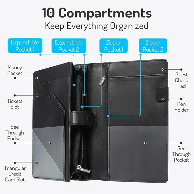 Alt view image 3 of 7 - Server Book High Volume, Expandable Server Book,5"×9", Waitress Waiter Book Leather Waitress Book with 2 Zipper Pockets and Magnetic Pocket, Server Books Server Booklet Fit Server Apron, Flash Black