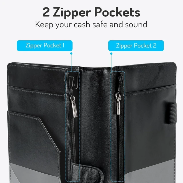 Alt view image 4 of 7 - Server Book High Volume, Expandable Server Book,5"×9", Waitress Waiter Book Leather Waitress Book with 2 Zipper Pockets and Magnetic Pocket, Server Books Server Booklet Fit Server Apron, Flash Black