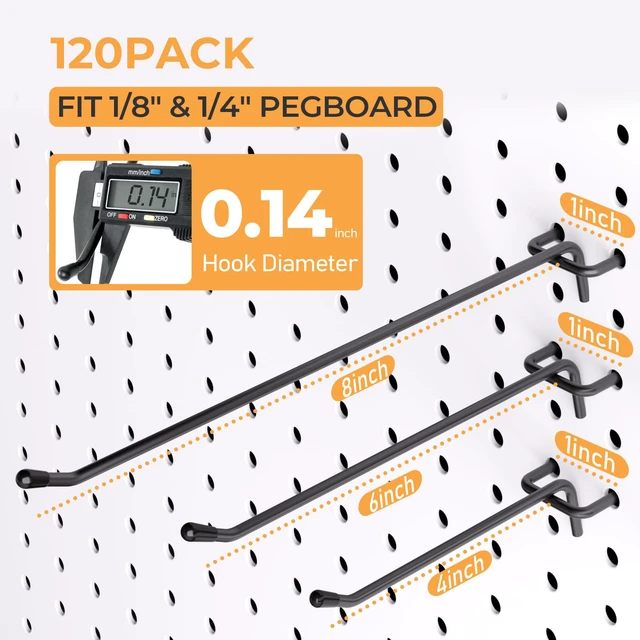 Alt view image 2 of 7 - 120 Pack Pegboard Hooks, 4/6/8 Inch Peg Board Hooks Accessories Black Peg Board Tool Hangers, Fit for 1/8'' and 1/4" Pegboard, Hanging Tools for Garage, Craft Room, Kitchen, Store